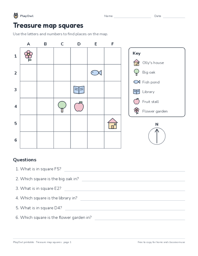 Treasure map squares: map worksheet for Grades 1–3, page 1 preview