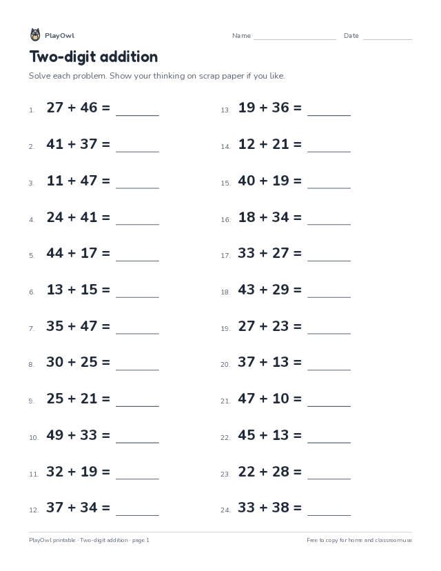 Two-digit addition: math worksheet for Grades 2–3, page 1 preview