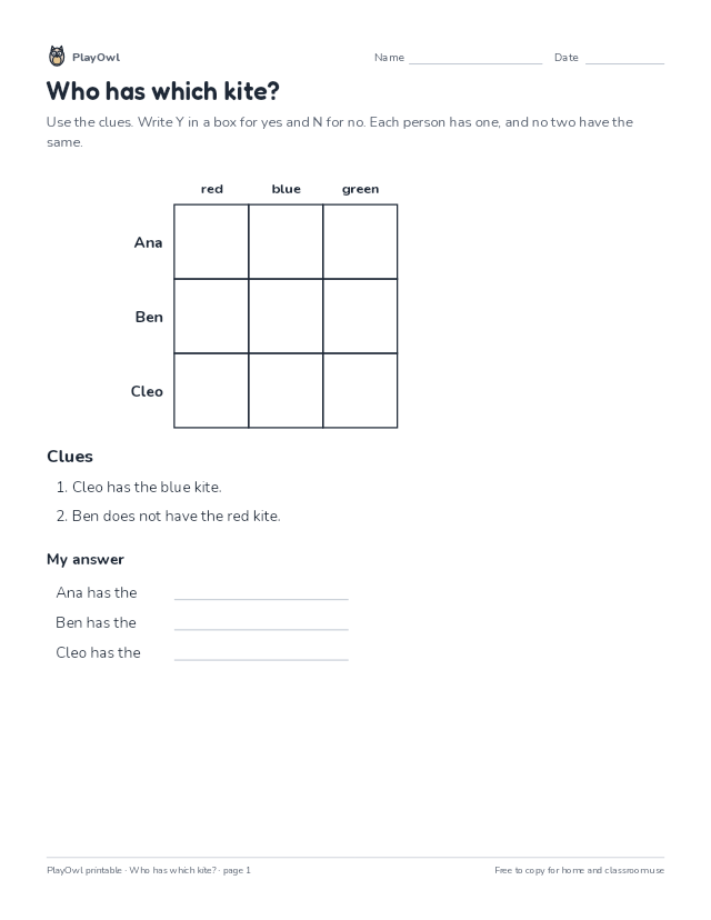 Who has which kite?: logic puzzle for Grades 2–3, page 1 preview